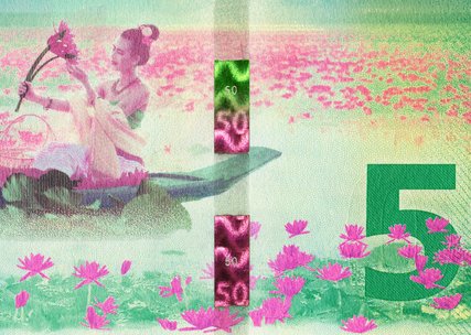 Grün-rosa Banknote, die eine Frau mit Lotusblume auf einem Boot und einen farbwechselnden Sicherheitsfaden zeigt